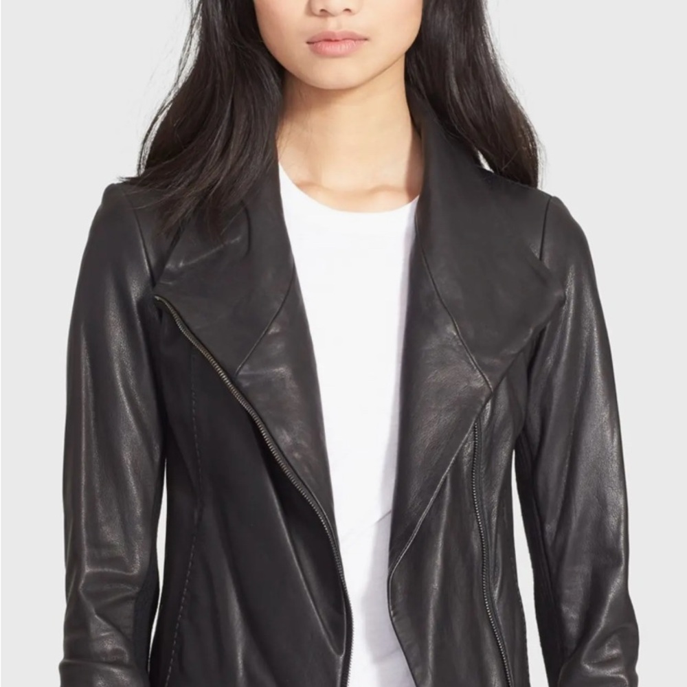 Vince Black Leather “scuba” Moto Jacket Asymmetrical Zipper